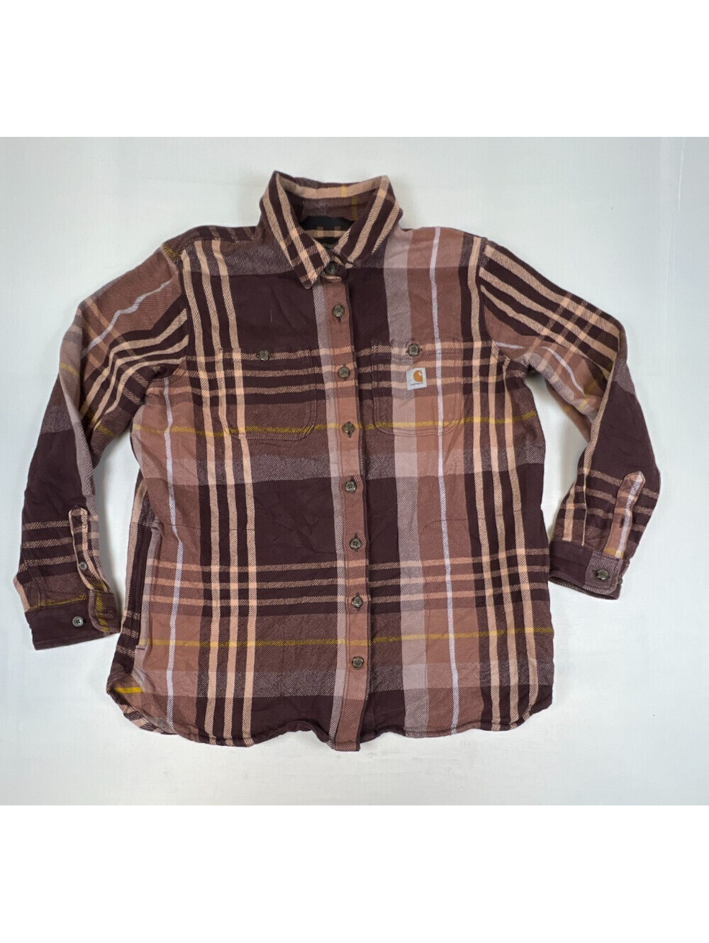 Carhartt Womens L (12-14) Brown Plaid Flannel Shirt Long Sleeve Button Down Top